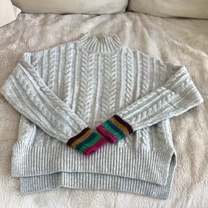 Boden Light Gray Cable Knit Sweater with Colorful Cuffs